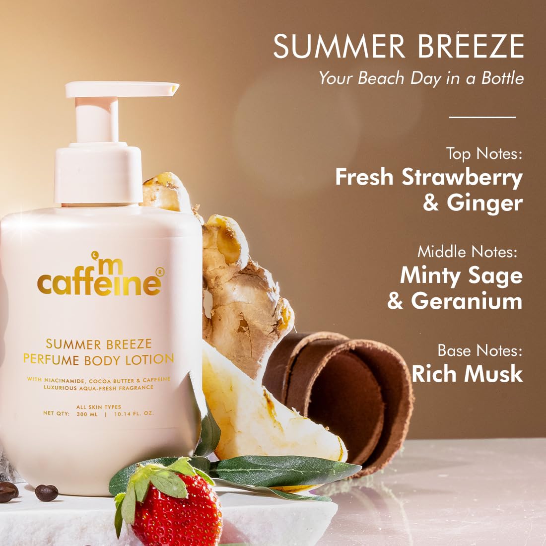 mCaffeine Perfume Body Lotion, 300ml, Niacinamide, Cocoa Butter, Shea Butter, Aquatic Beachy Scent - label detail