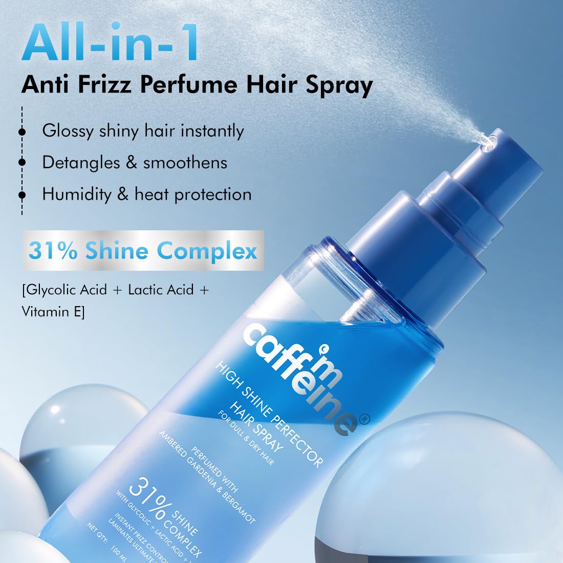 mcaffeine Perfume Hair Spray, 100ml, with 31% Shine Complex, Glycolic Acid, Floral Fragrance - front view