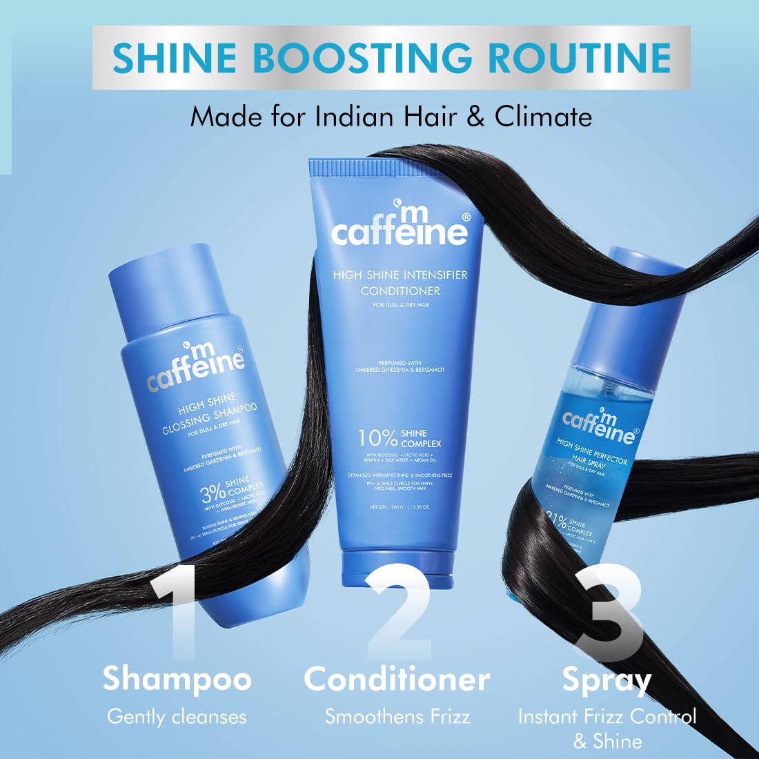 mcaffeine Perfume Hair Spray, 100ml, with 31% Shine Complex, Glycolic Acid, Floral Fragrance - in use