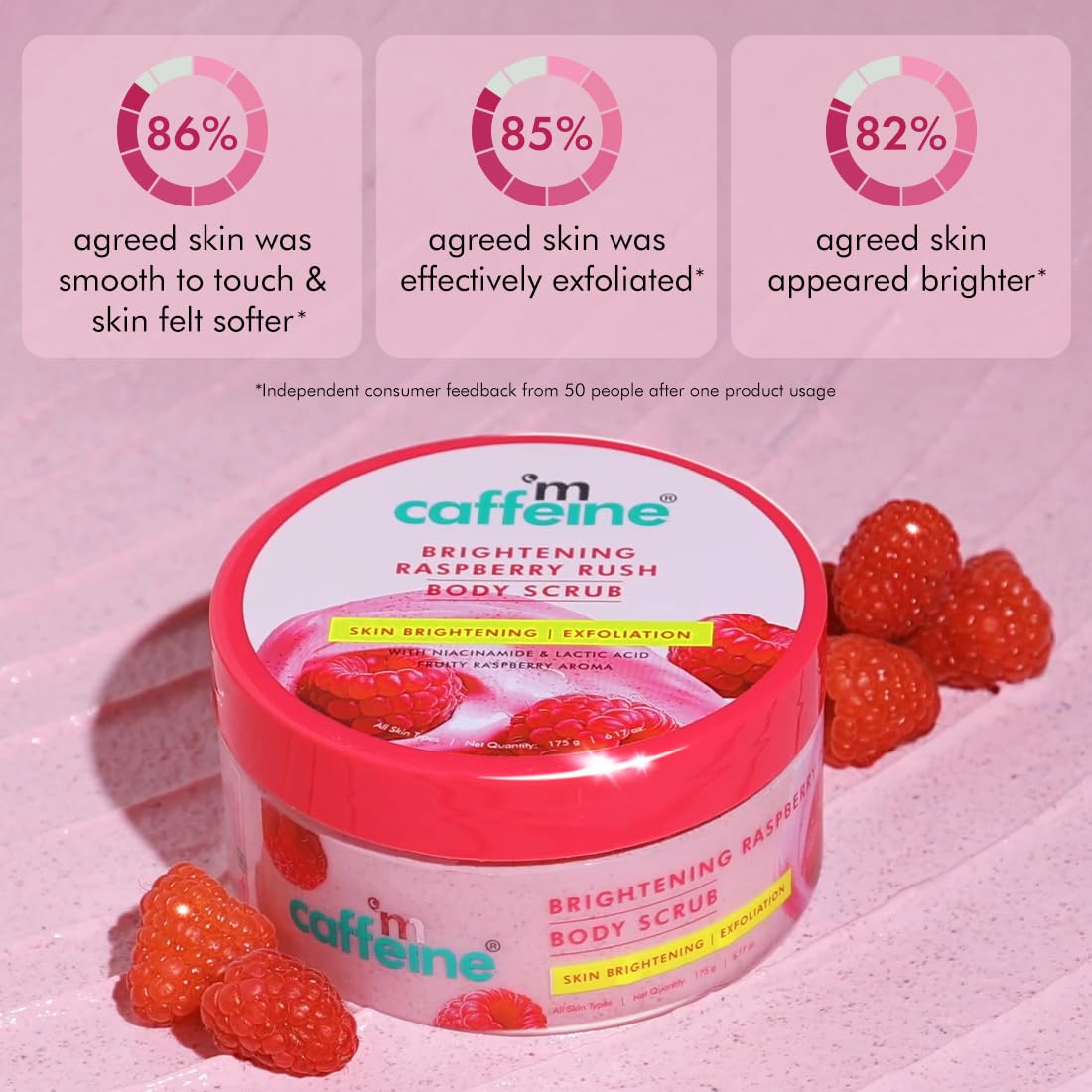 mcaffeine Raspberry Body Scrub, 175g, with AHAs, Niacinamide, Vitamin C, Unisex, PETA Certified - close-up detail