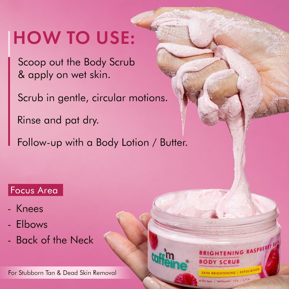 mcaffeine Raspberry Body Scrub, 175g, with AHAs, Niacinamide, Vitamin C, Unisex, PETA Certified - in use