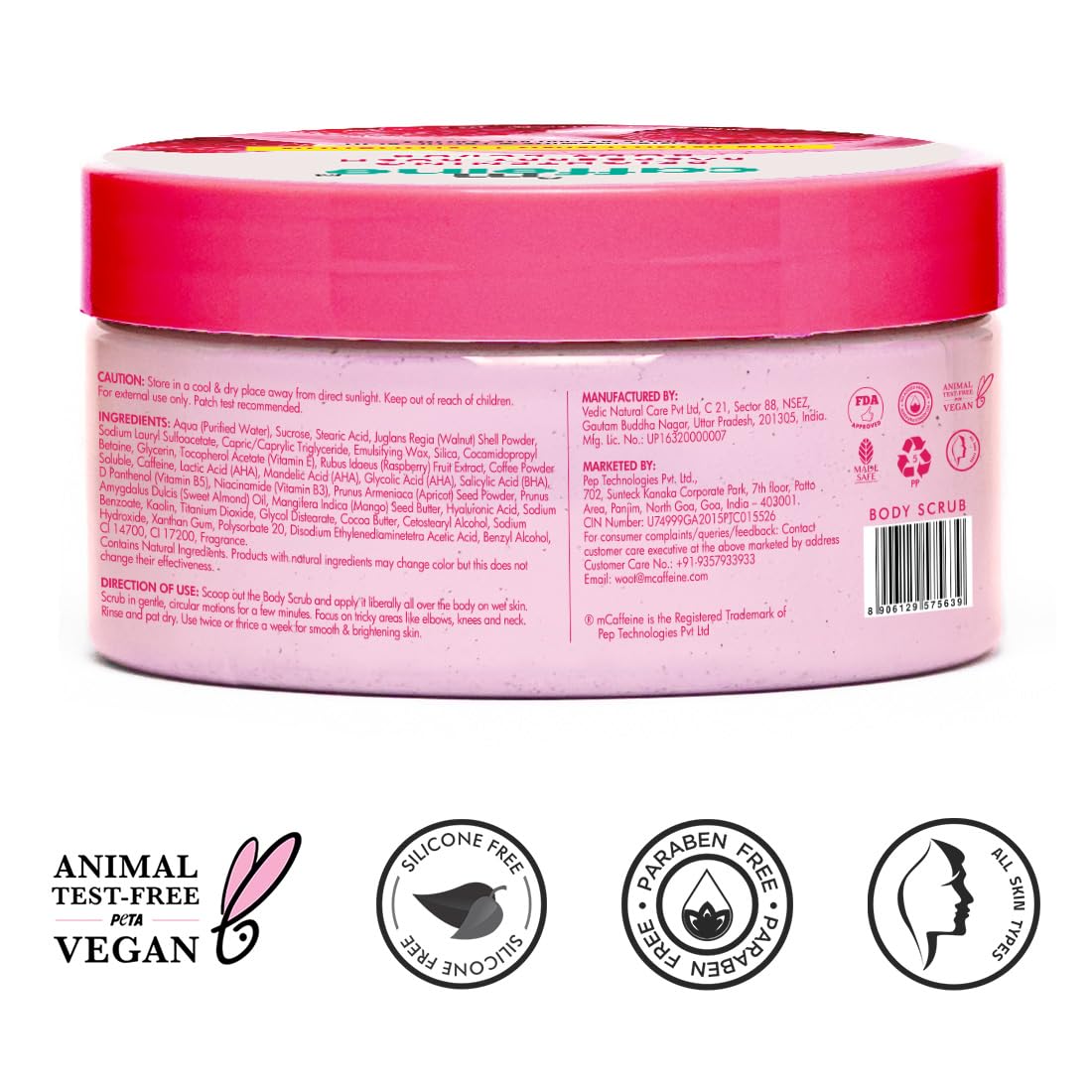 mcaffeine Raspberry Body Scrub, 175g, with AHAs, Niacinamide, Vitamin C, Unisex, PETA Certified - size and scale