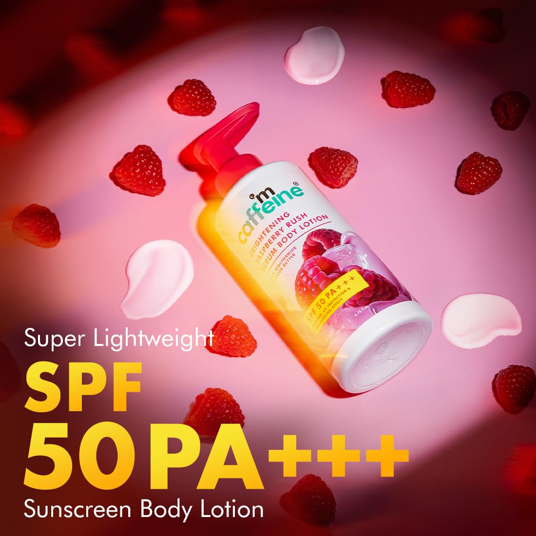 mcaffeine SPF 50 PA+++ Body Lotion, 200ml, with Raspberry Extract, Niacinamide, Coffee, Vitamin C, Unisex - front view