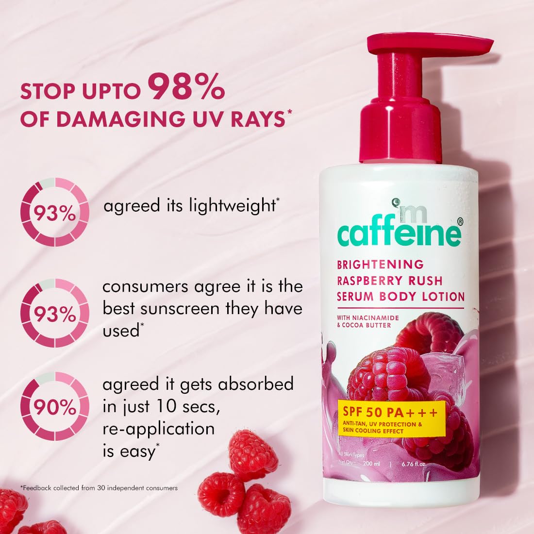 mcaffeine SPF 50 PA+++ Body Lotion, 200ml, with Raspberry Extract, Niacinamide, Coffee, Vitamin C, Unisex - packaging