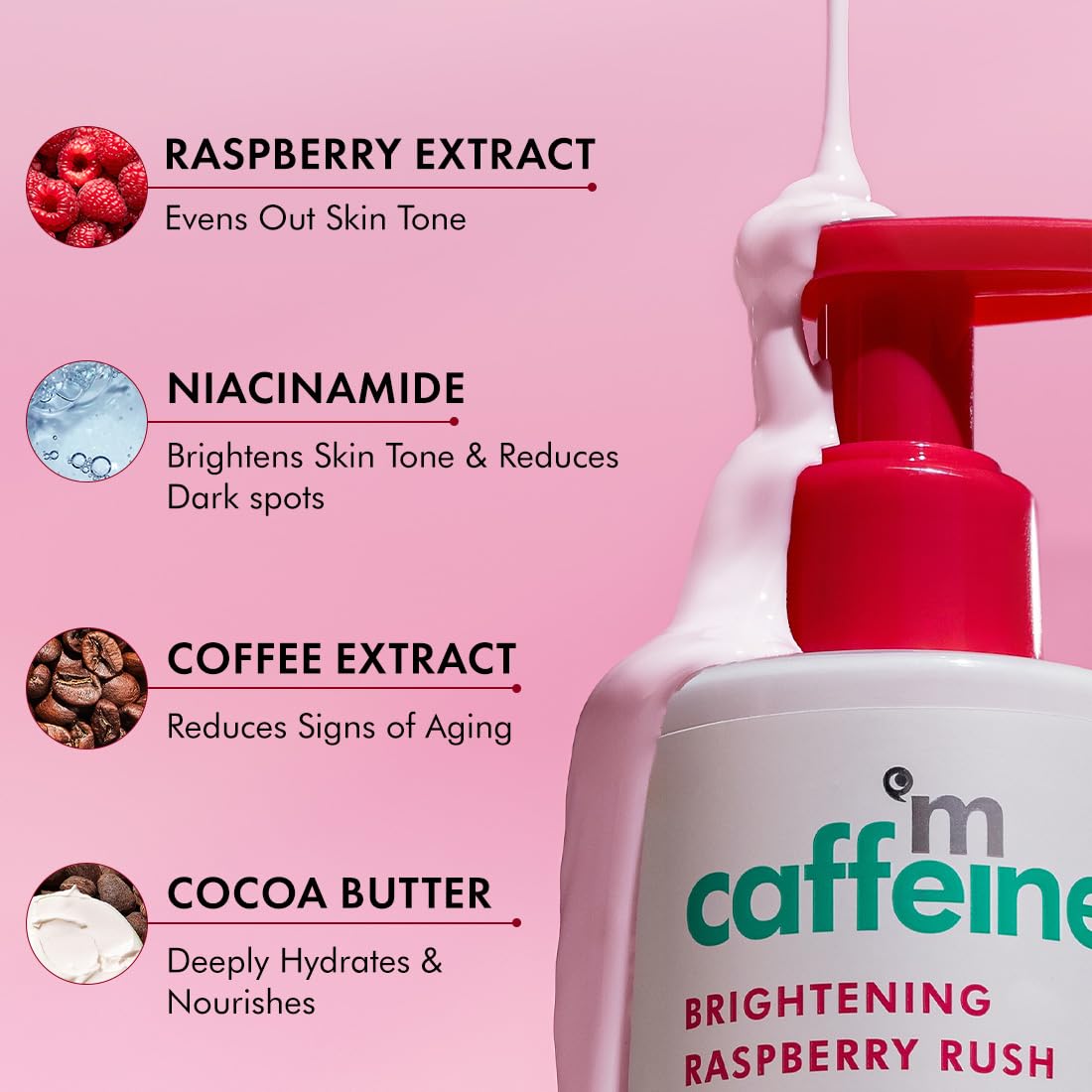 mcaffeine SPF 50 PA+++ Body Lotion, 200ml, with Raspberry Extract, Niacinamide, Coffee, Vitamin C, Unisex - ingredients panel