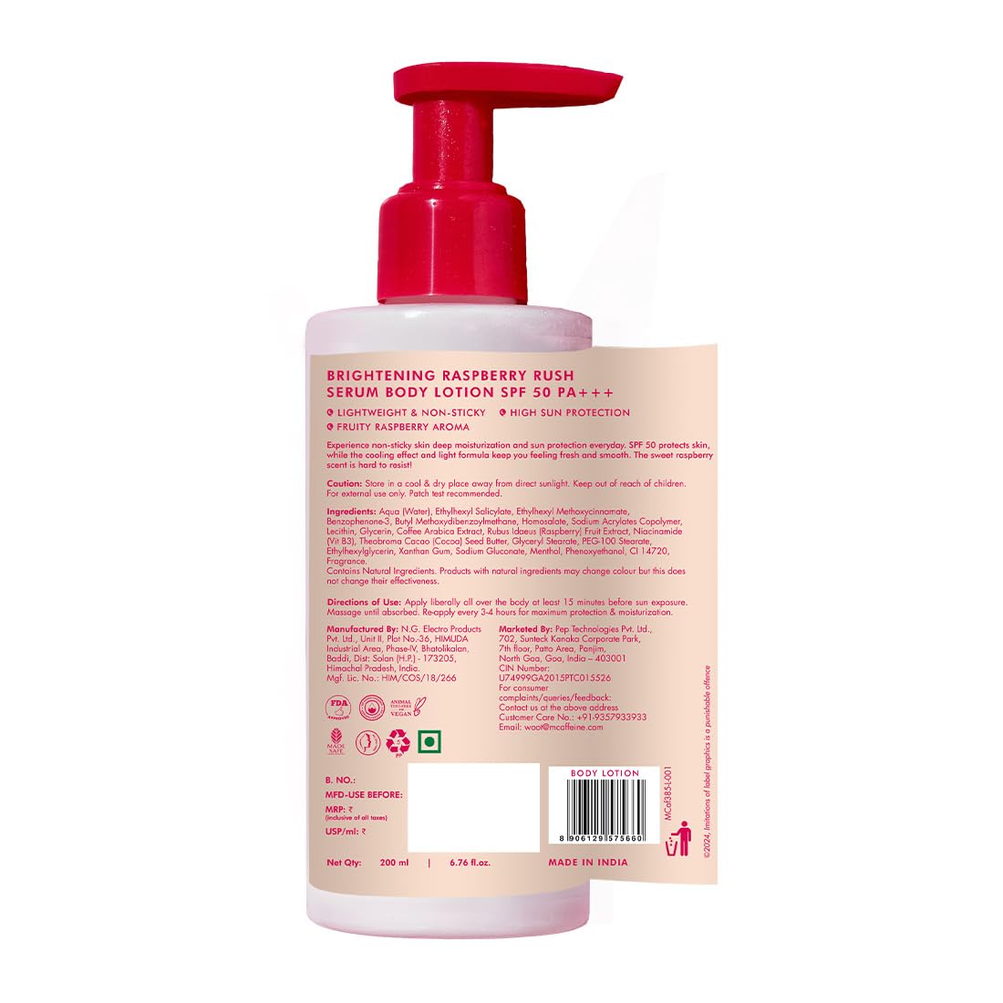 mcaffeine SPF 50 PA+++ Body Lotion, 200ml, with Raspberry Extract, Niacinamide, Coffee, Vitamin C, Unisex - size and scale
