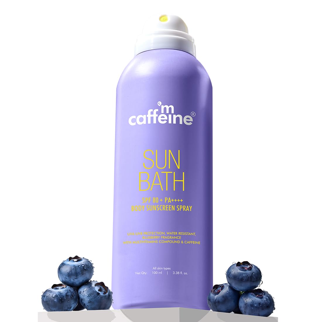 mCaffeine Sun Bath SPF 80+ PA++++ Body Sunscreen Spray, 100ml, Blueberry Fragrance, Continuous Spray, Invisible Non-Greasy