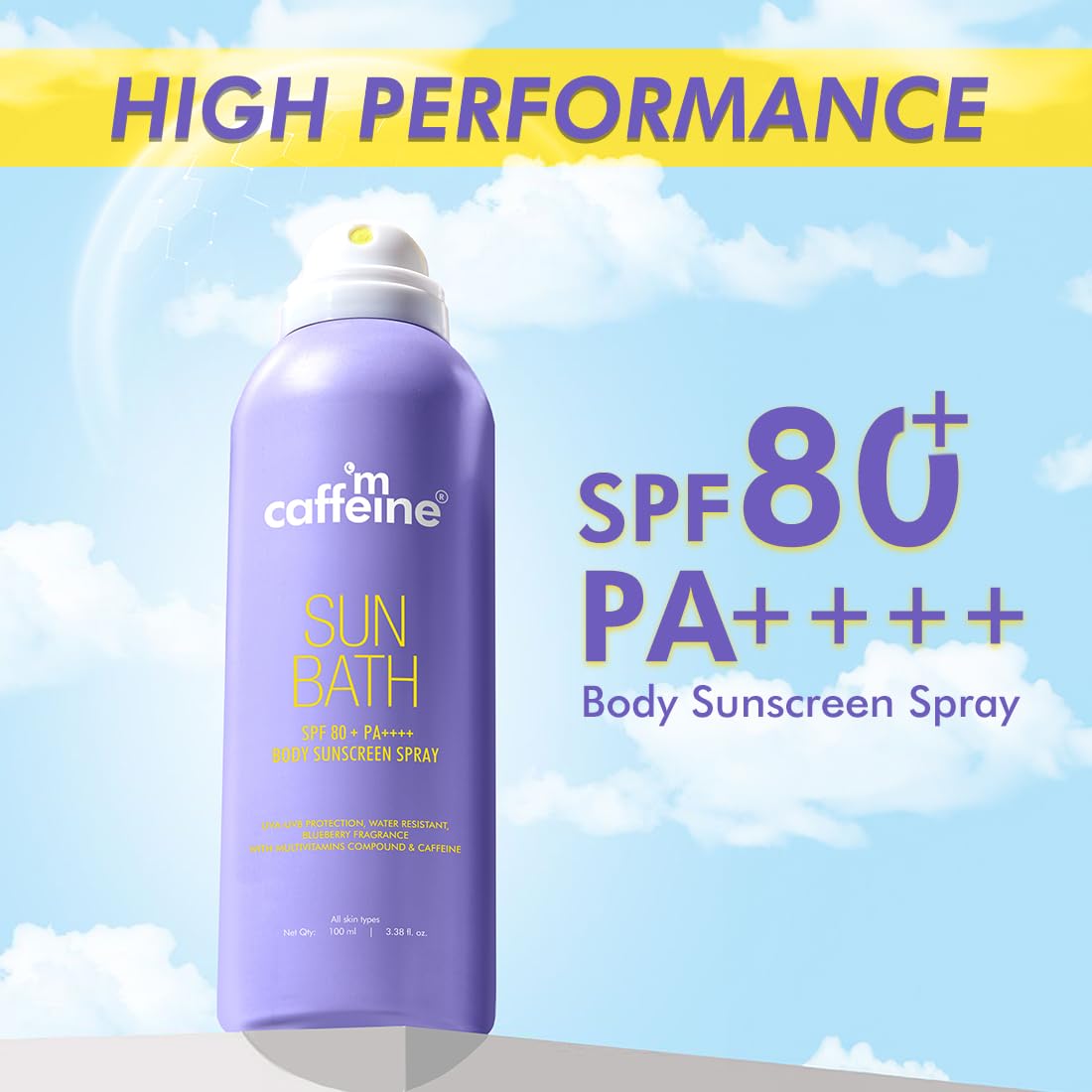 mCaffeine Sun Bath SPF 80+ PA++++ Body Sunscreen Spray, 100ml, Blueberry Fragrance, Continuous Spray, Invisible Non-Greasy -