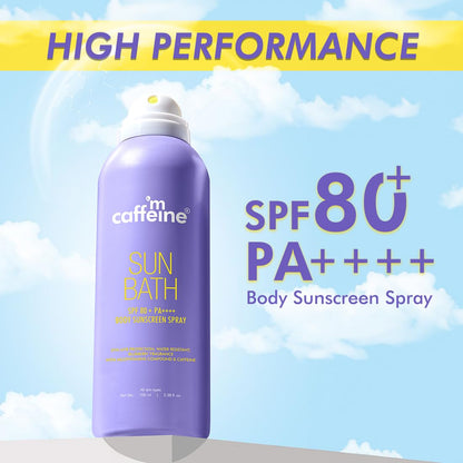 mCaffeine Sun Bath SPF 80+ PA++++ Body Sunscreen Spray, 100ml, Blueberry Fragrance, Continuous Spray, Invisible Non-Greasy -