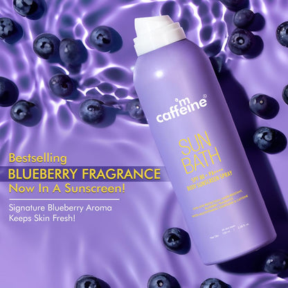 mCaffeine Sun Bath SPF 80+ PA++++ Body Sunscreen Spray, 100ml, Blueberry Fragrance, Continuous Spray, Invisible Non-Greasy - 