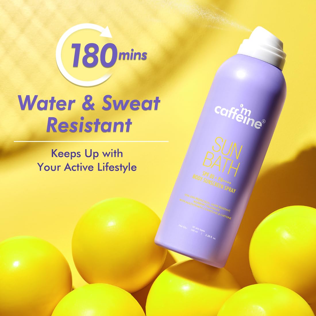 mCaffeine Sun Bath SPF 80+ PA++++ Body Sunscreen Spray, 100ml, Blueberry Fragrance, Continuous Spray, Invisible Non-Greasy - 