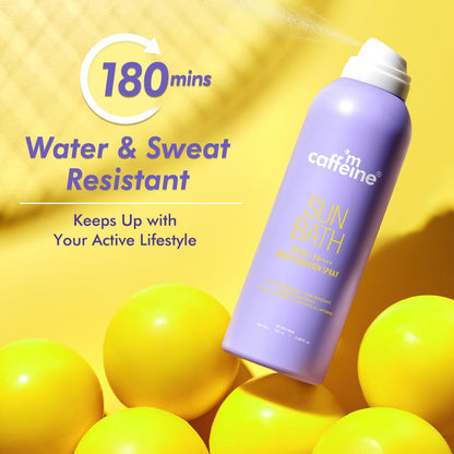 mCaffeine Sun Bath SPF 80+ PA++++ Body Sunscreen Spray, 100ml, Blueberry Fragrance, Continuous Spray, Invisible Non-Greasy - 