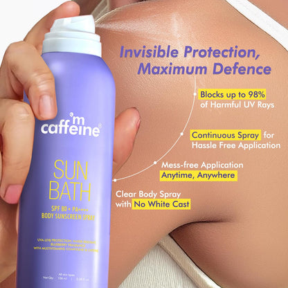 mCaffeine Sun Bath SPF 80+ PA++++ Body Sunscreen Spray, 100ml, Blueberry Fragrance, Continuous Spray, Invisible Non-Greasy - 