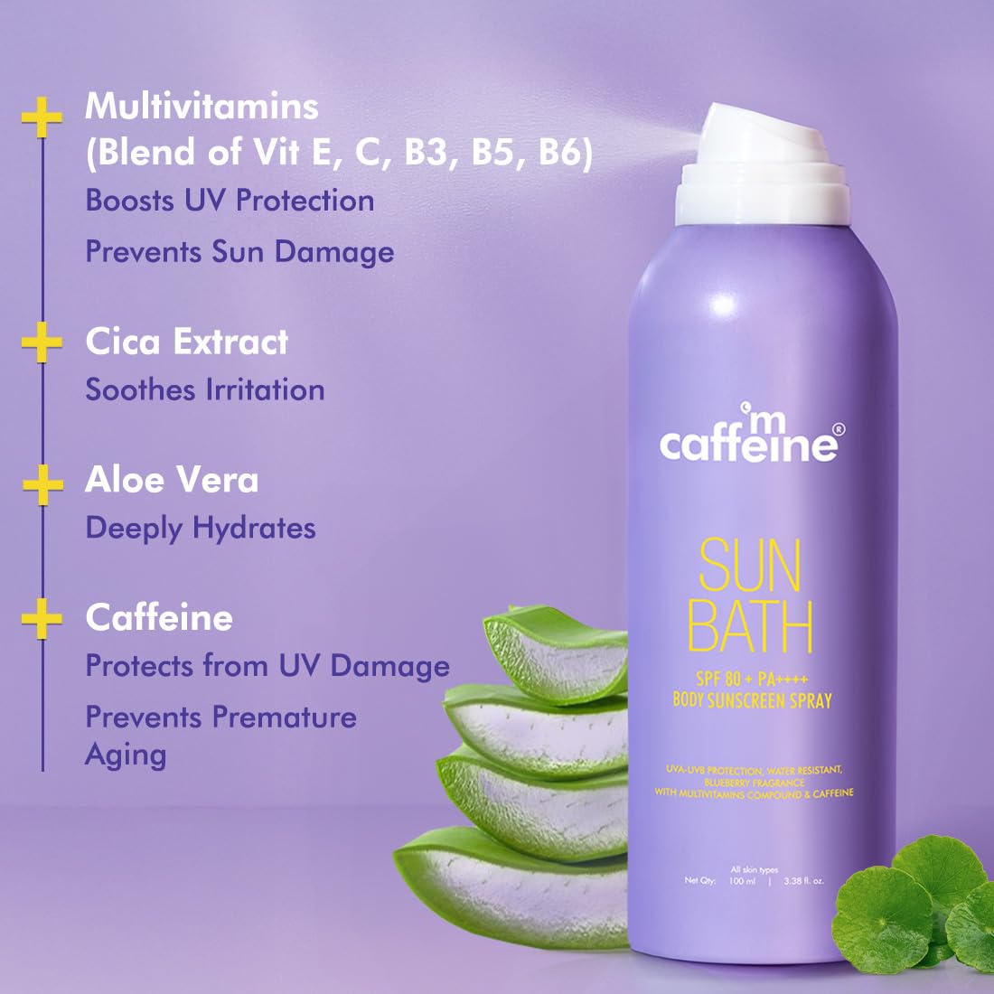 mCaffeine Sun Bath SPF 80+ PA++++ Body Sunscreen Spray, 100ml, Blueberry Fragrance, Continuous Spray, Invisible Non-Greasy - 