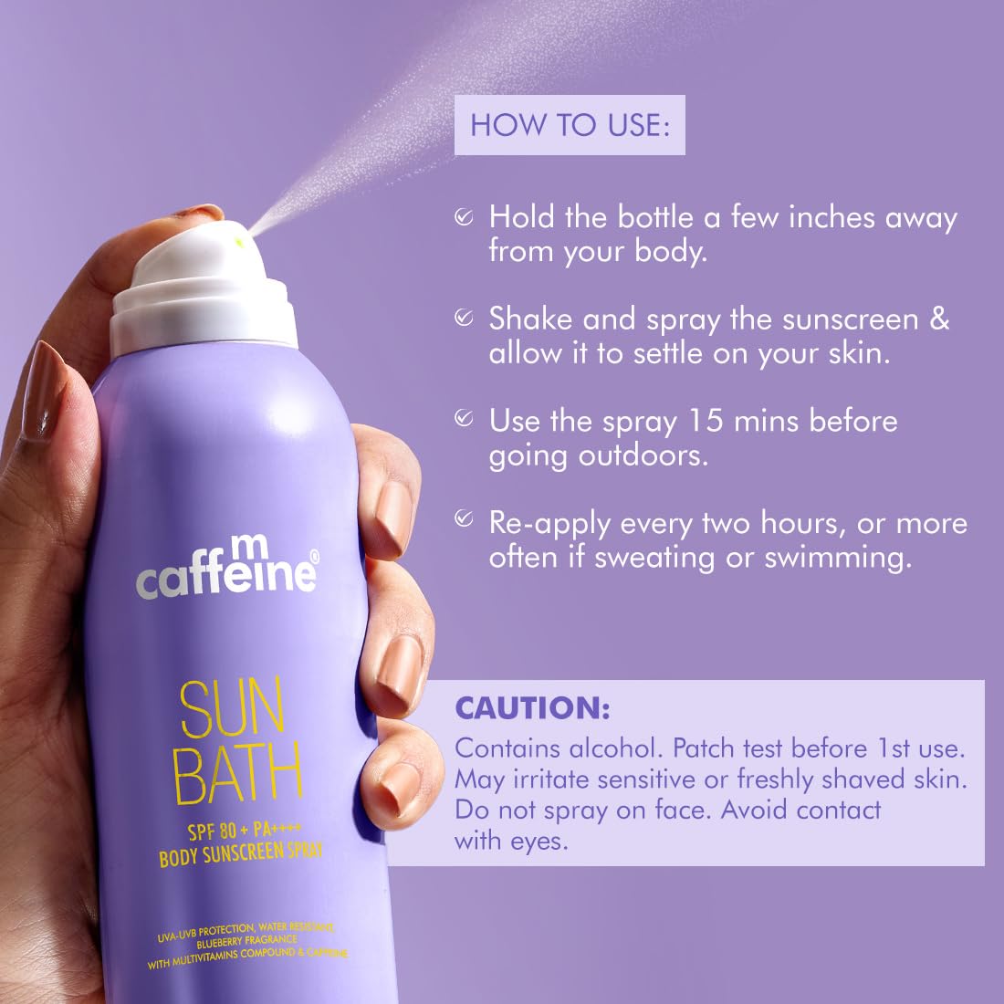 mCaffeine Sun Bath SPF 80+ PA++++ Body Sunscreen Spray, 100ml, Blueberry Fragrance, Continuous Spray, Invisible Non-Greasy - 