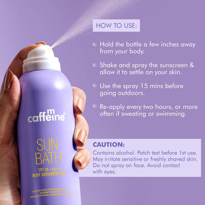 mCaffeine Sun Bath SPF 80+ PA++++ Body Sunscreen Spray, 100ml, Blueberry Fragrance, Continuous Spray, Invisible Non-Greasy - 