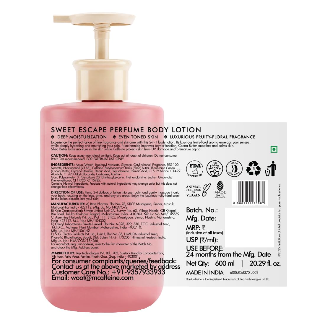 mcaffeine Sweet Escape Perfume Body Lotion 300ml with Niacinamide, Cocoa Butter, Shea Butter, Fruity-Floral Fragrance, Unisex