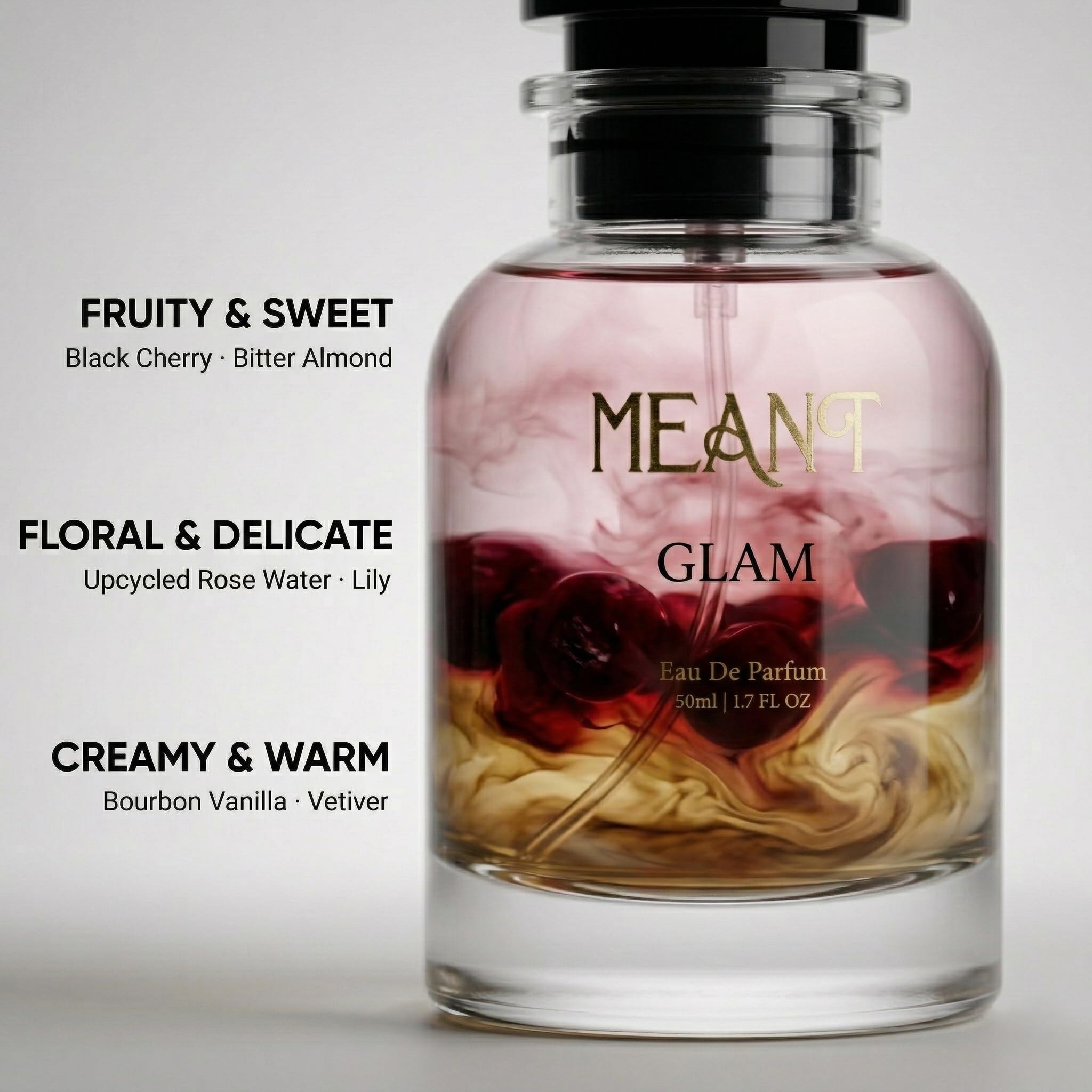 MEANT GLAM Eau De Parfum for Women, 50ml, Warm Gourmand, 30% Oil Concentration - front view