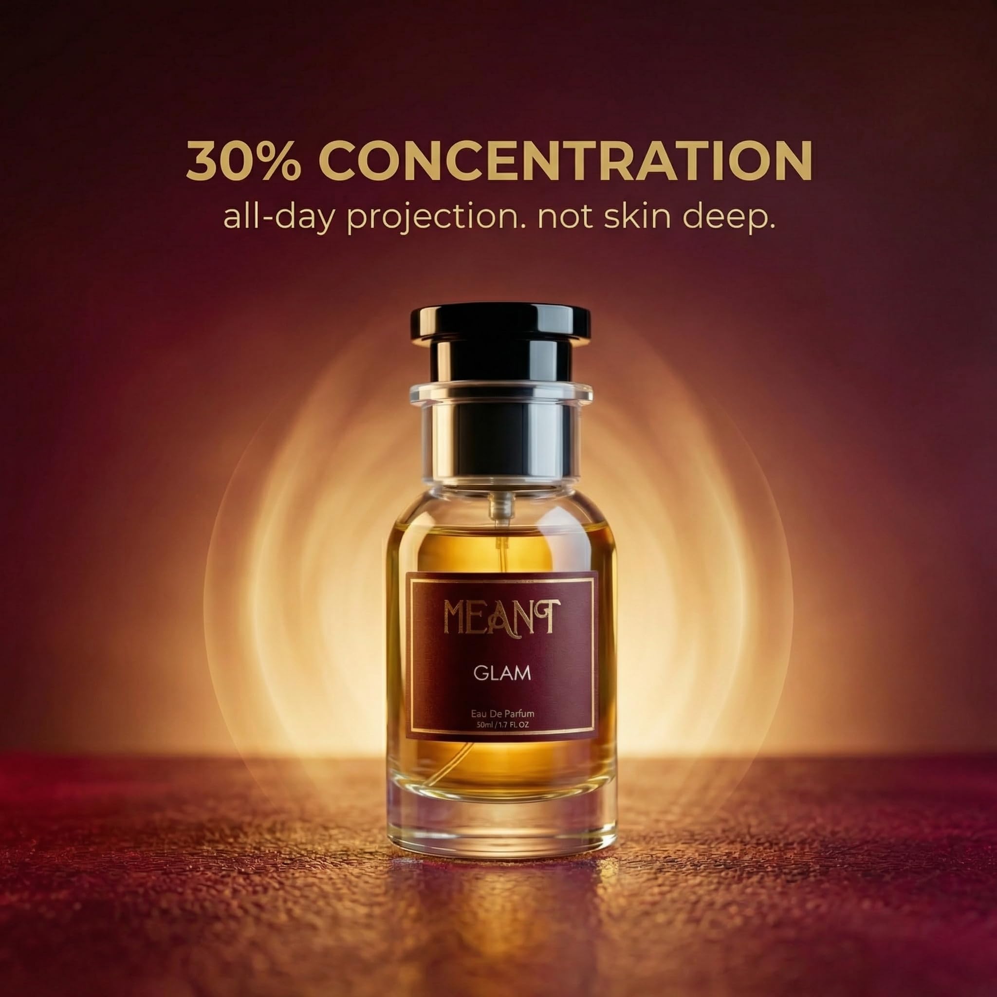 MEANT GLAM Eau De Parfum for Women, 50ml, Warm Gourmand, 30% Oil Concentration - packaging