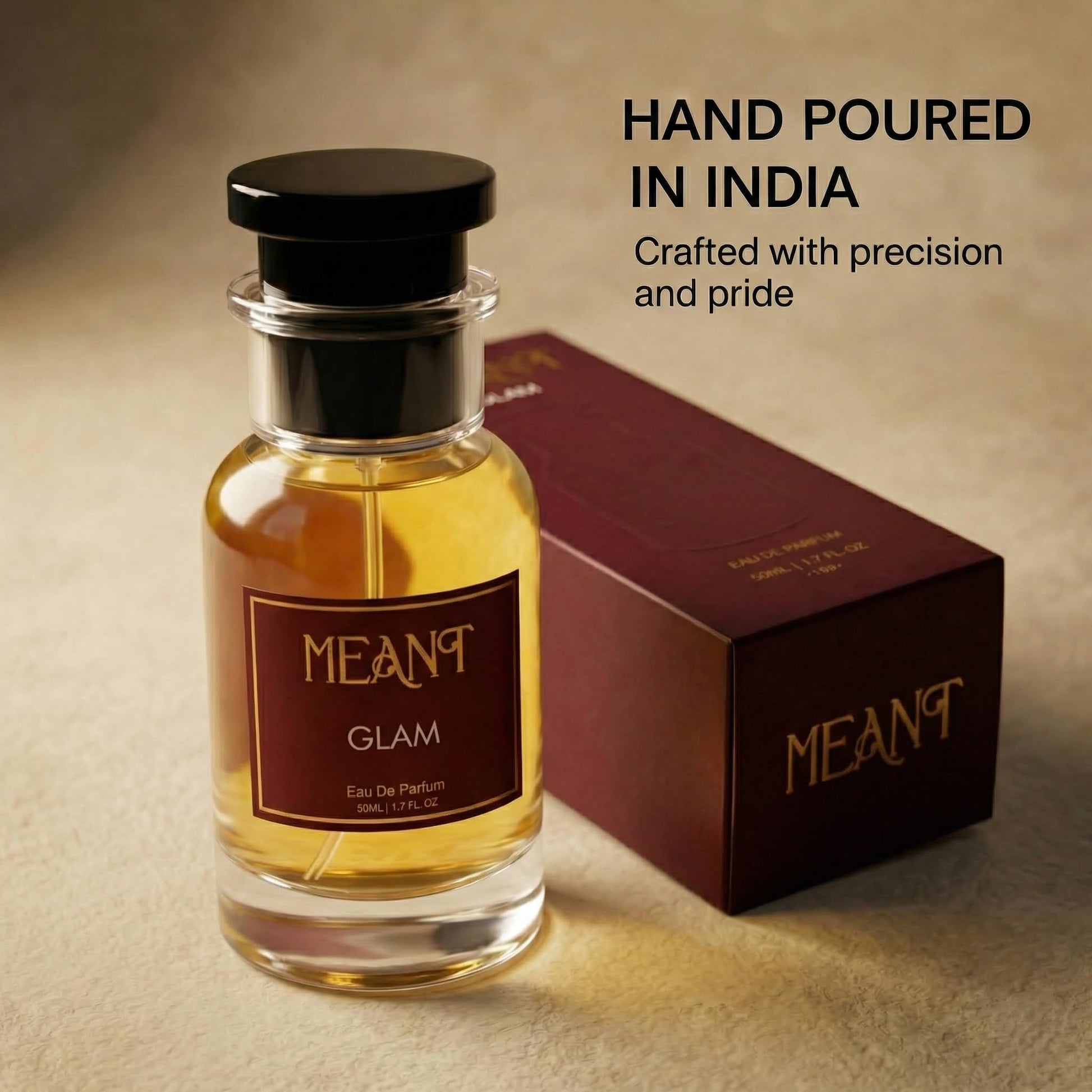 MEANT GLAM Eau De Parfum for Women, 50ml, Warm Gourmand, 30% Oil Concentration - label detail