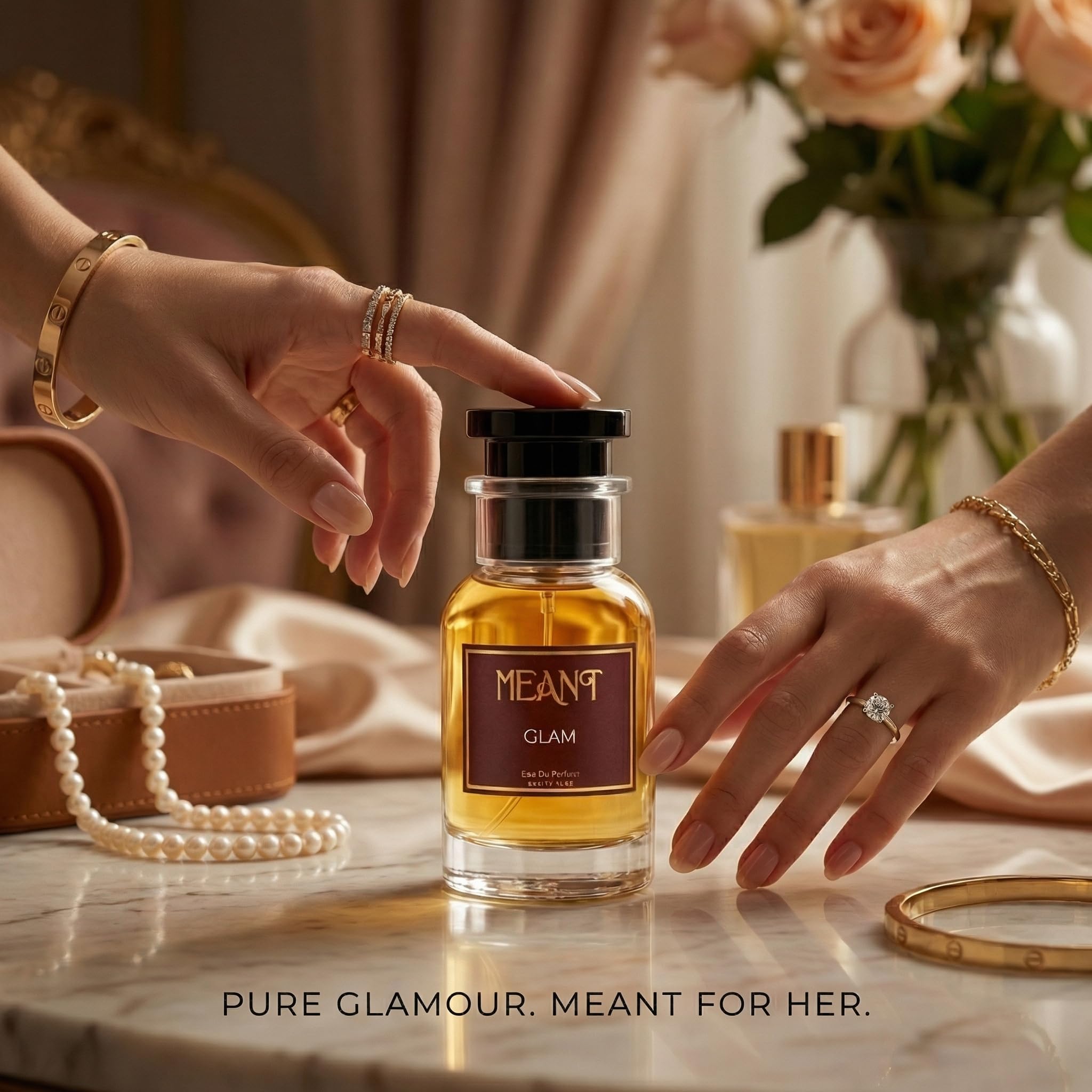 MEANT GLAM Eau De Parfum for Women, 50ml, Warm Gourmand, 30% Oil Concentration - in use