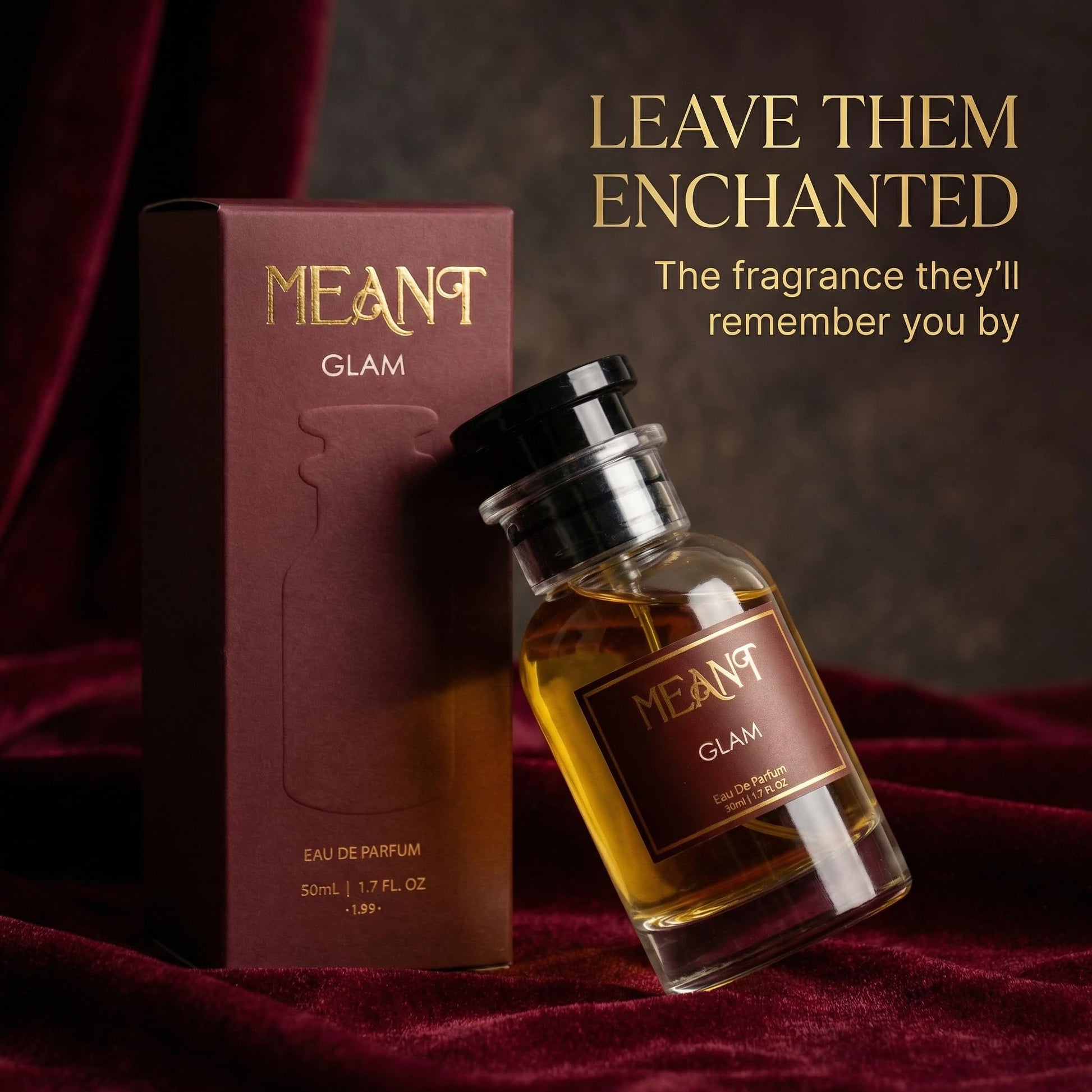 MEANT GLAM Eau De Parfum for Women, 50ml, Warm Gourmand, 30% Oil Concentration - size and scale