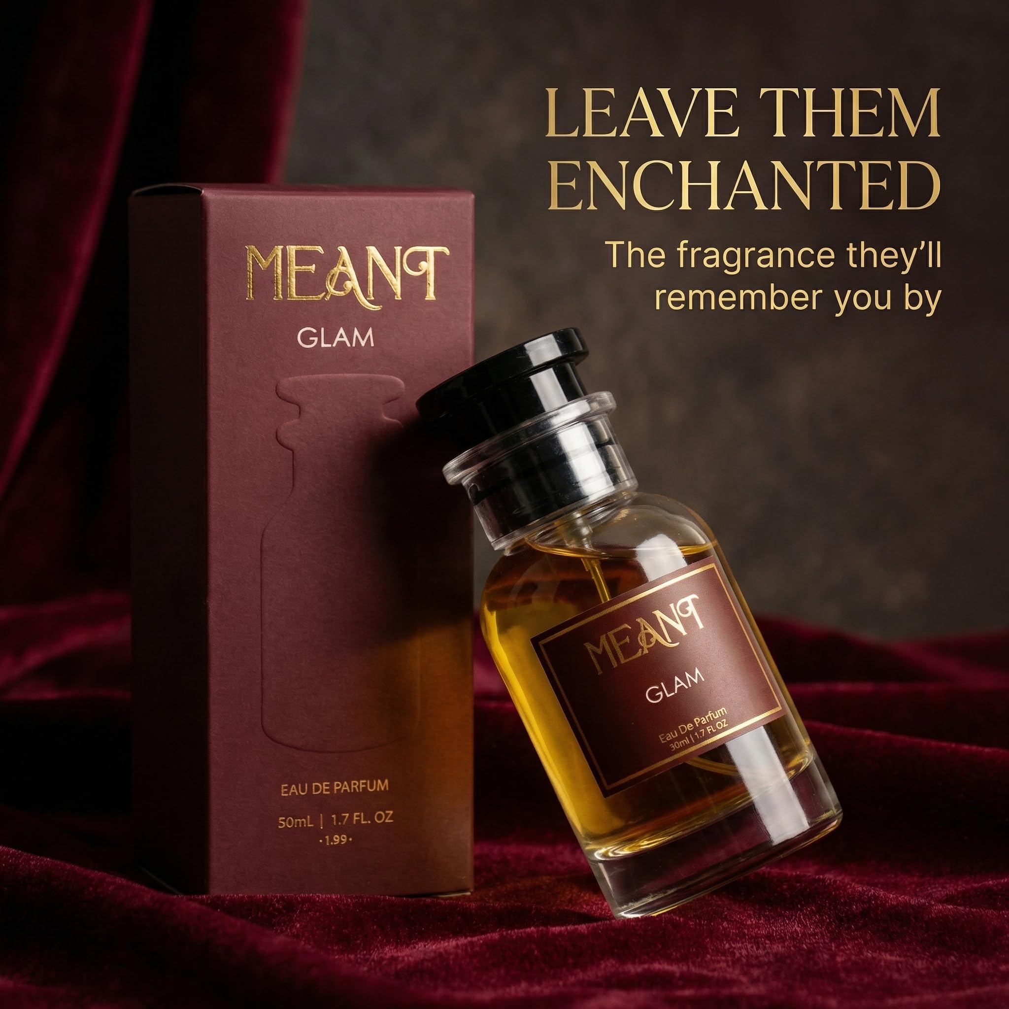 MEANT GLAM Eau De Parfum for Women, 50ml, Warm Gourmand, 30% Oil Concentration - size and scale