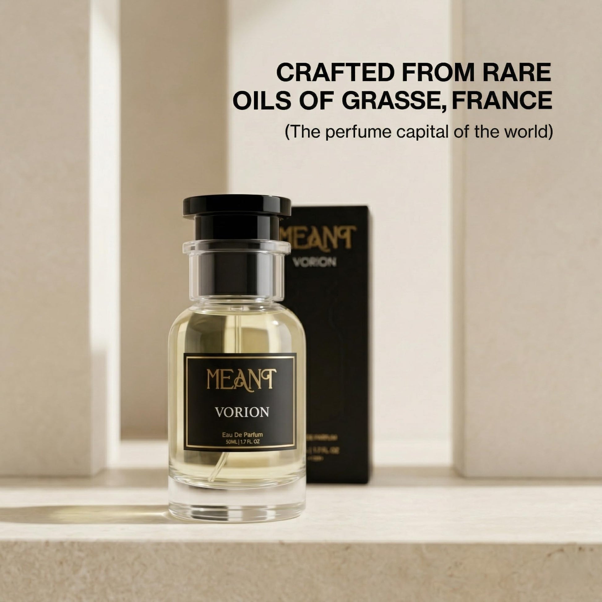 MEANT Vorion Eau de Parfum for Men, 50ml, Fresh Woody Smoky Scent, 12+ Hour Wear - front view