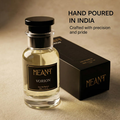MEANT Vorion Eau de Parfum for Men, 50ml, Fresh Woody Smoky Scent, 12+ Hour Wear - label detail
