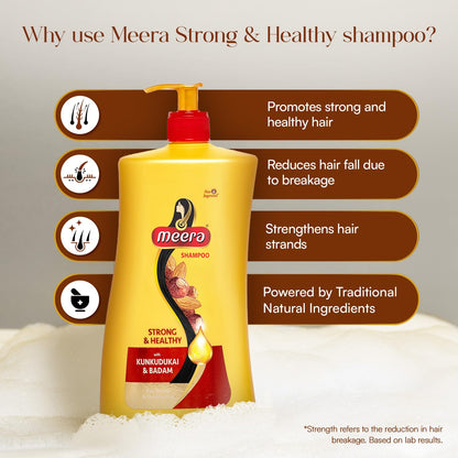 Meera Strong and Healthy Shampoo with Almond and Kunkudukai for Men and Women, Unisex Botanical Hair Cleanser - packaging