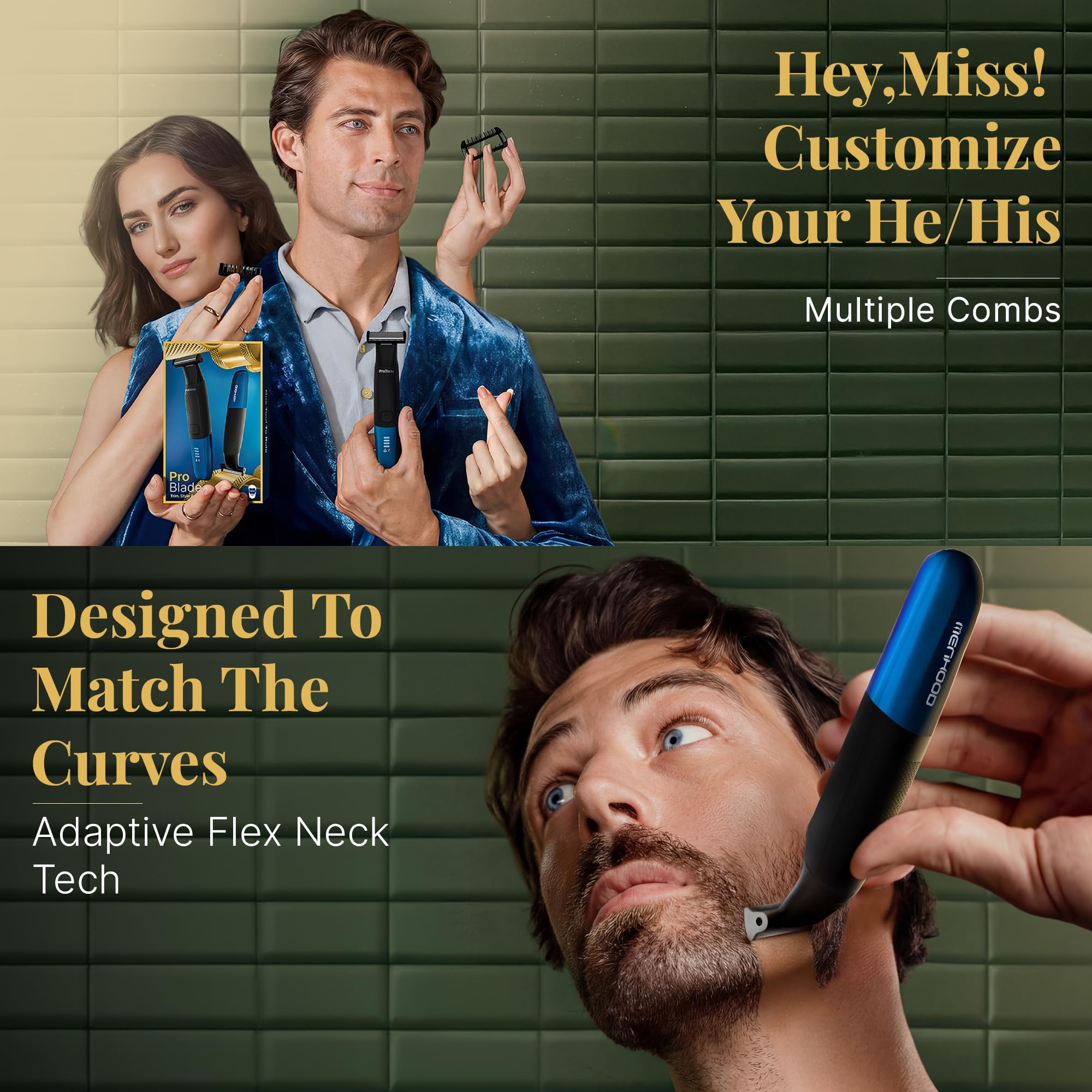 MENHOOD ProBlade 3-in-1 Hybrid Beard Trimmer Shaver, Adaptive Flex Neck, 120 Min Runtime, USB-C, LED, Waterproof, 4 Combs - i