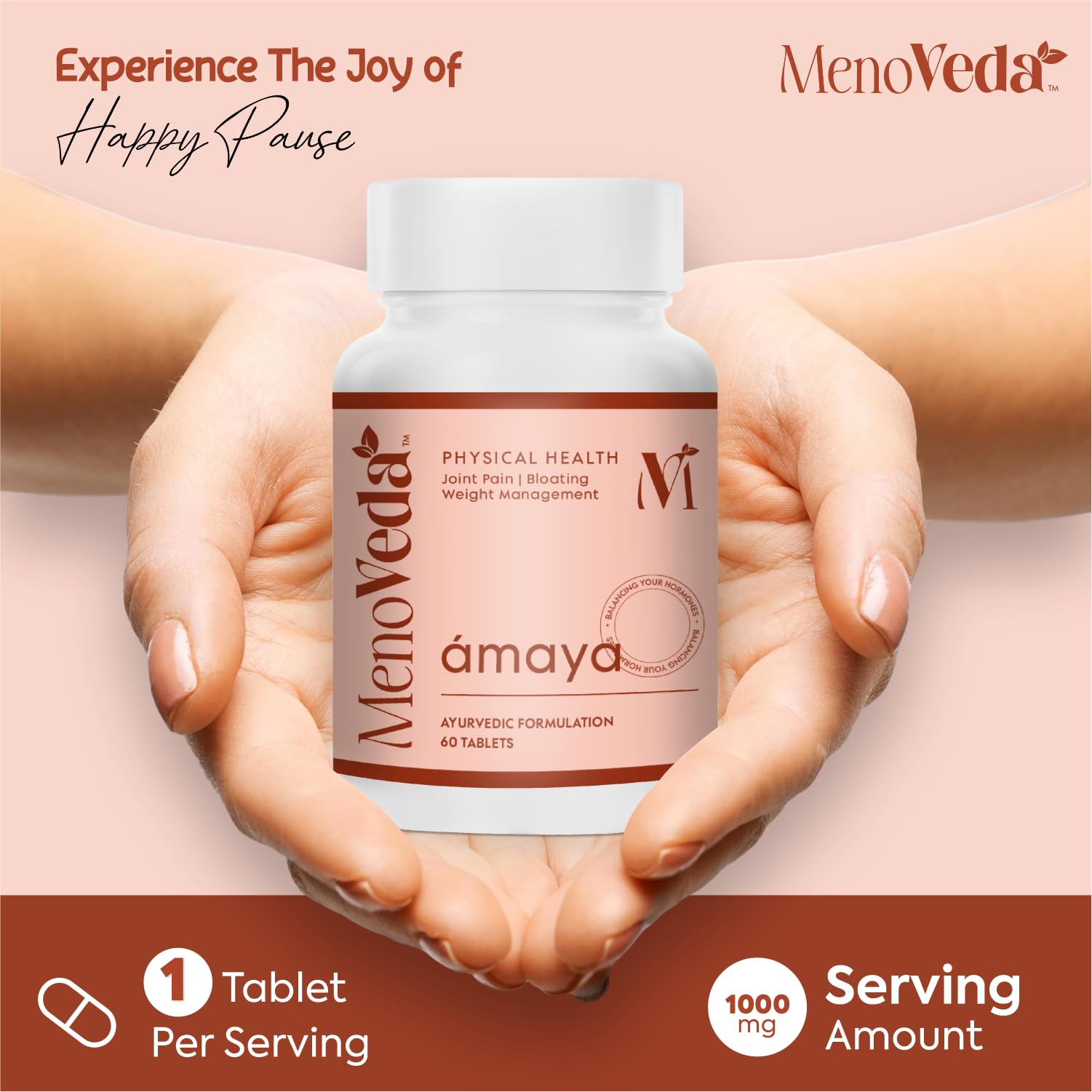 Menoveda Amaya Peri & Post Menopause Ayurvedic Herbal Supplement for Women 35+, 60 Count - front view (9)