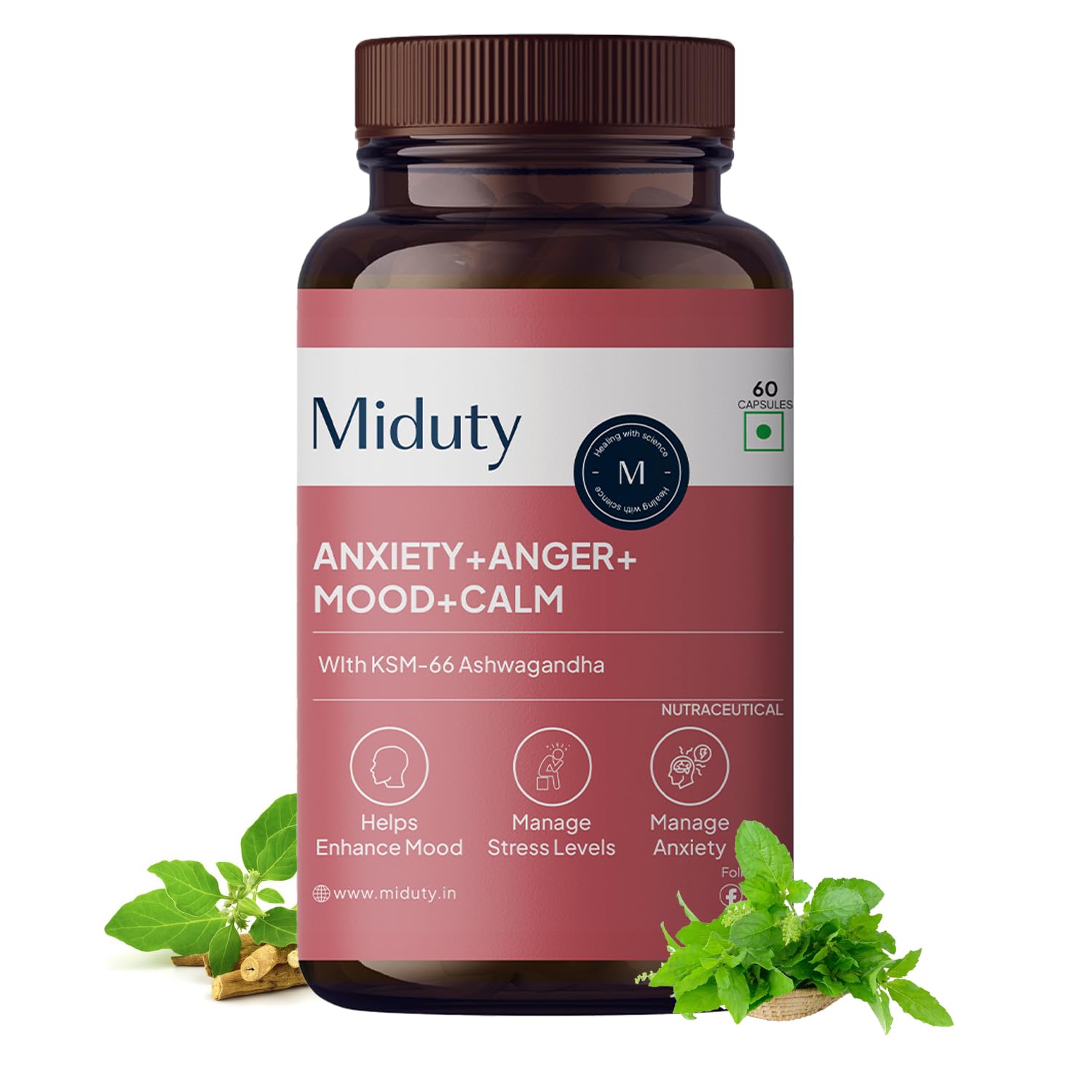 Miduty KSM-66 Ashwagandha Herbal Supplement with Holy Basil and L-Theanine, Adult, 60 Capsules, 90g