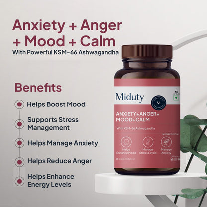 Miduty KSM-66 Ashwagandha Herbal Supplement with Holy Basil and L-Theanine, Adult, 60 Capsules, 90g - back view