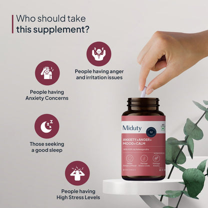 Miduty KSM-66 Ashwagandha Herbal Supplement with Holy Basil and L-Theanine, Adult, 60 Capsules, 90g - packaging