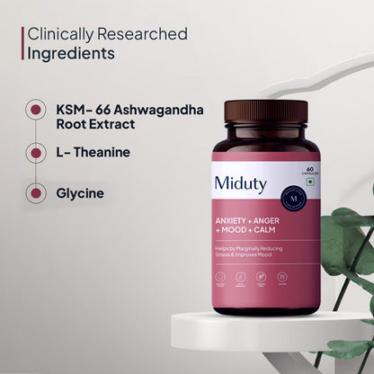 Miduty KSM-66 Ashwagandha Herbal Supplement with Holy Basil and L-Theanine, Adult, 60 Capsules, 90g - label detail