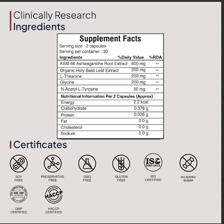 Miduty KSM-66 Ashwagandha Herbal Supplement with Holy Basil and L-Theanine, Adult, 60 Capsules, 90g - ingredients panel