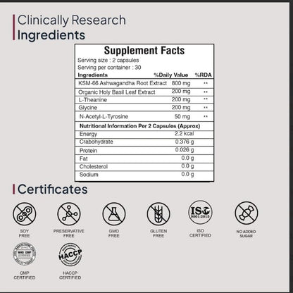 Miduty KSM-66 Ashwagandha Herbal Supplement with Holy Basil and L-Theanine, Adult, 60 Capsules, 90g - ingredients panel