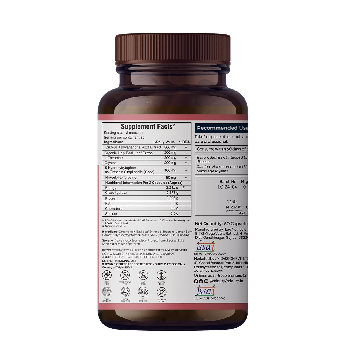 Miduty KSM-66 Ashwagandha Herbal Supplement with Holy Basil and L-Theanine, Adult, 60 Capsules, 90g - in use