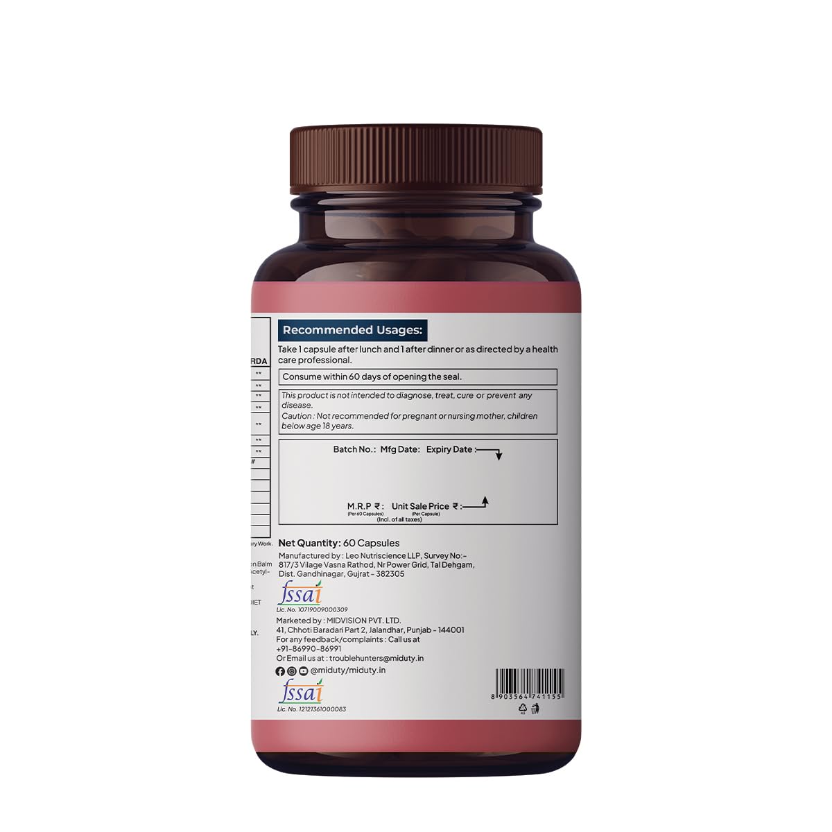 Miduty KSM-66 Ashwagandha Herbal Supplement with Holy Basil and L-Theanine, Adult, 60 Capsules, 90g - size and scale