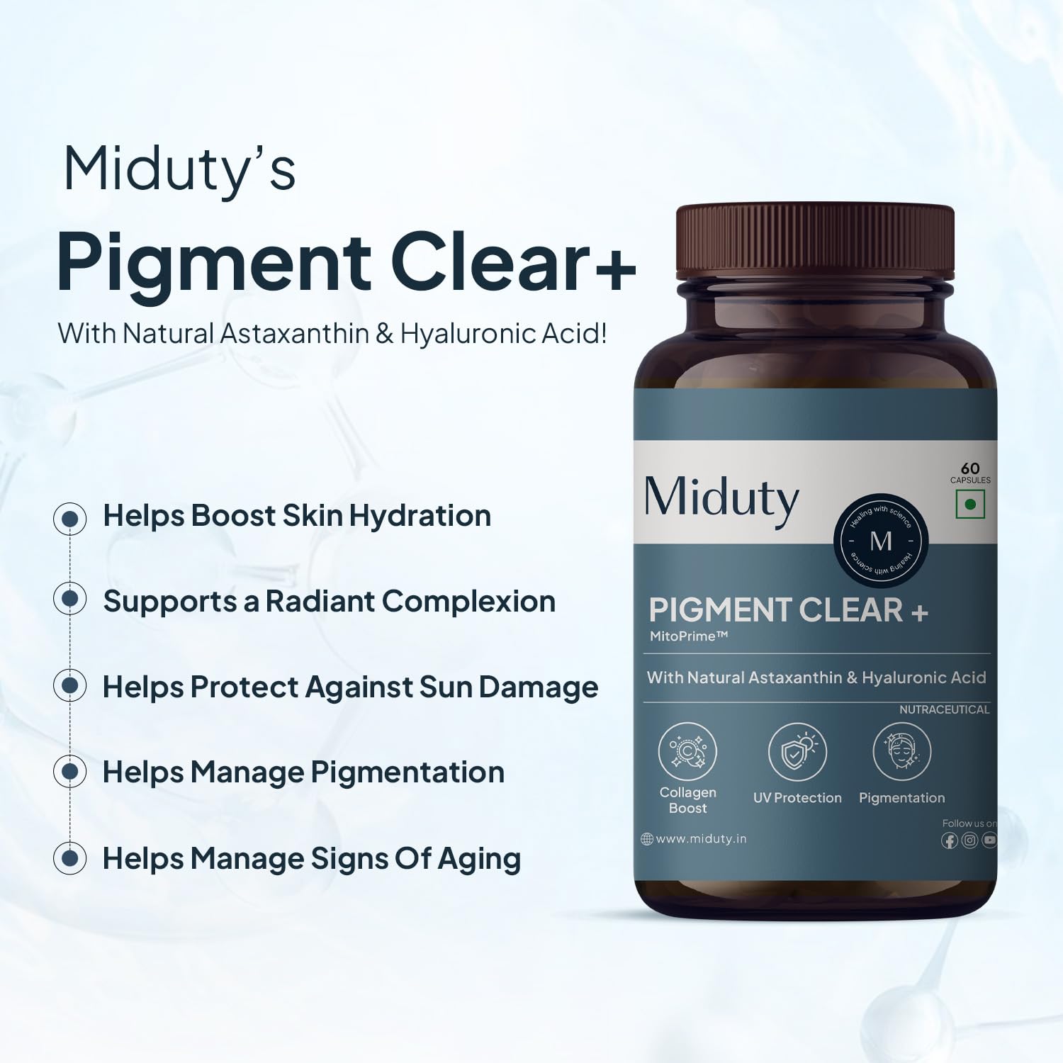 Miduty Pigment Clear+ Skin Support Supplement, 60 Capsules, Collagen Formula, Adult Unisex - packaging