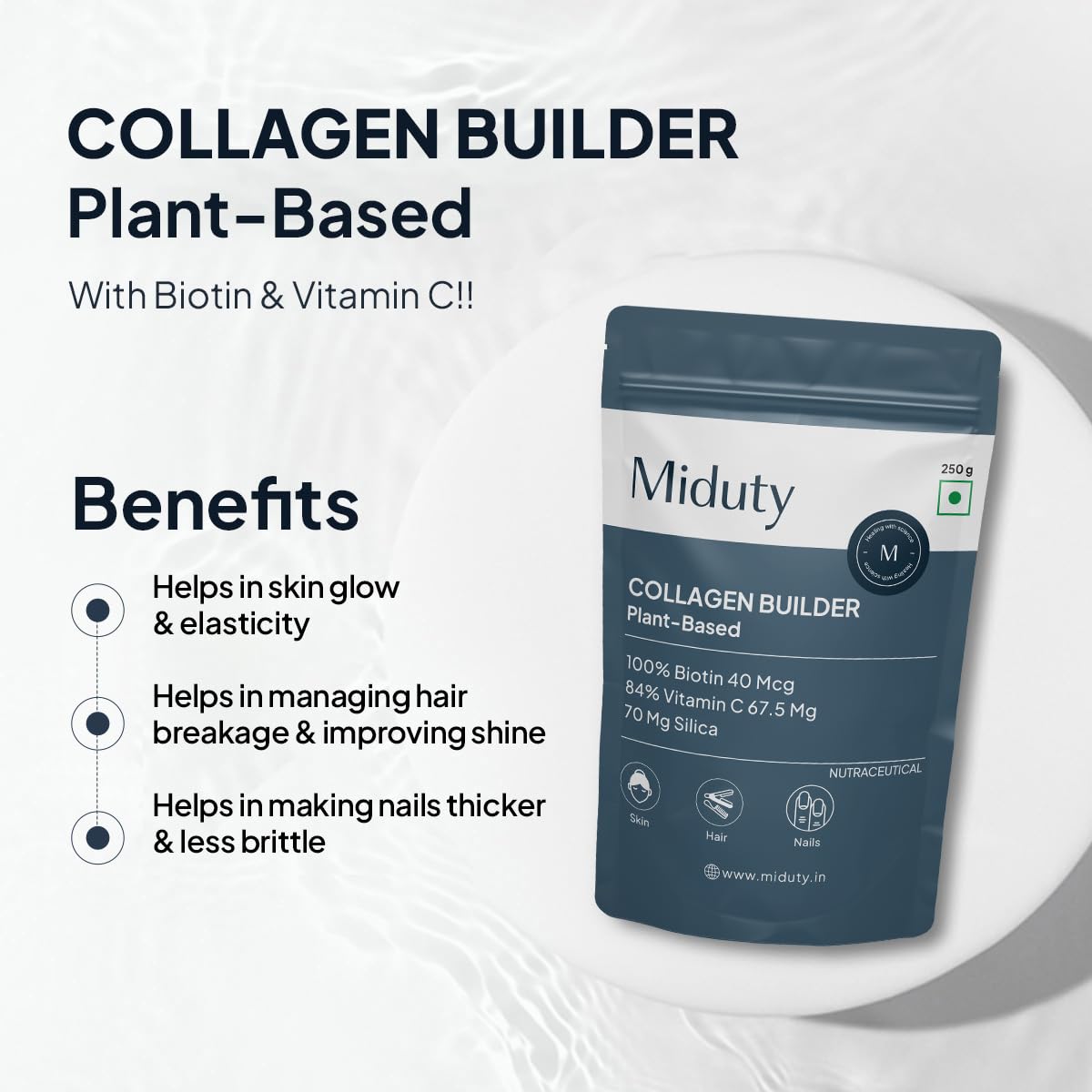 Miduty Plant Based Collagen Builder Powder, 250g, Vegan Nutritional Supplement - back view
