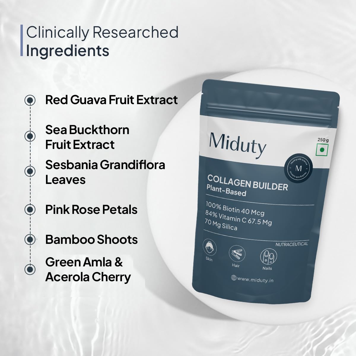 Miduty Plant Based Collagen Builder Powder, 250g, Vegan Nutritional Supplement - packaging
