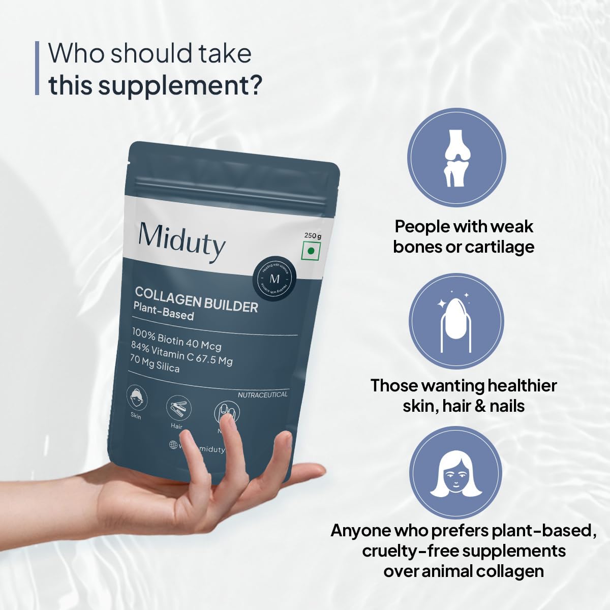 Miduty Plant Based Collagen Builder Powder, 250g, Vegan Nutritional Supplement - label detail