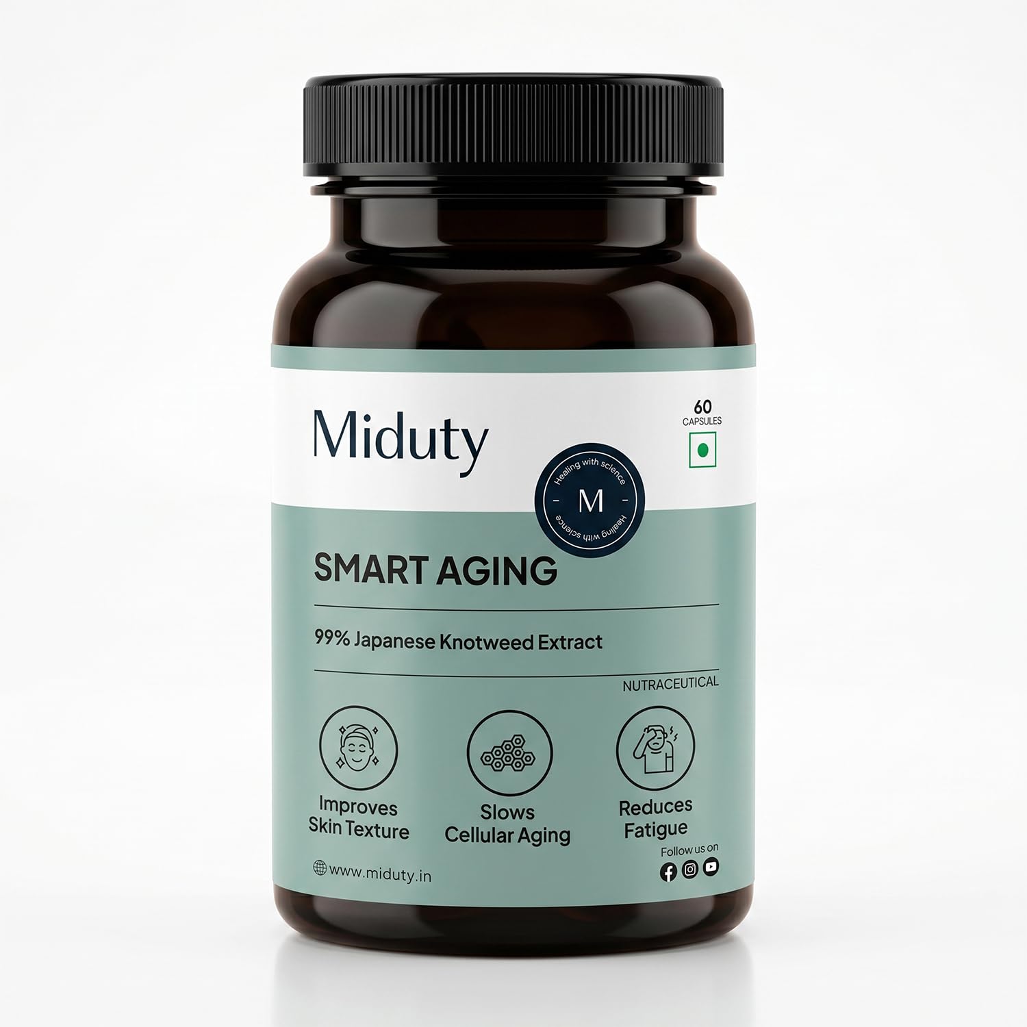 Miduty Smart Aging Trans-Resveratrol 99% Supplement, 60 Veg Capsules with Japanese Knotweed, Green Tea, Pomegranate, Querceti