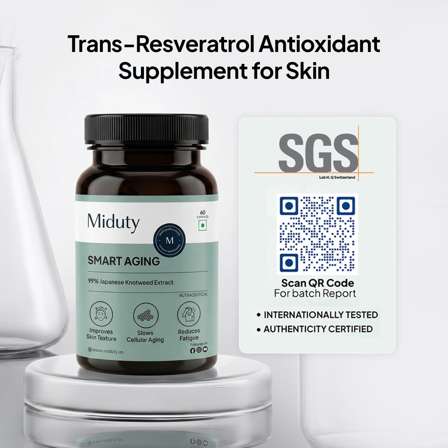 Miduty Smart Aging Trans-Resveratrol 99% Supplement, 60 Veg Capsules with Japanese Knotweed, Green Tea, Pomegranate, Querceti