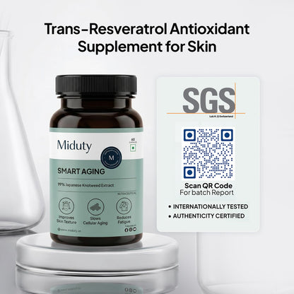 Miduty Smart Aging Trans-Resveratrol 99% Supplement, 60 Veg Capsules with Japanese Knotweed, Green Tea, Pomegranate, Querceti
