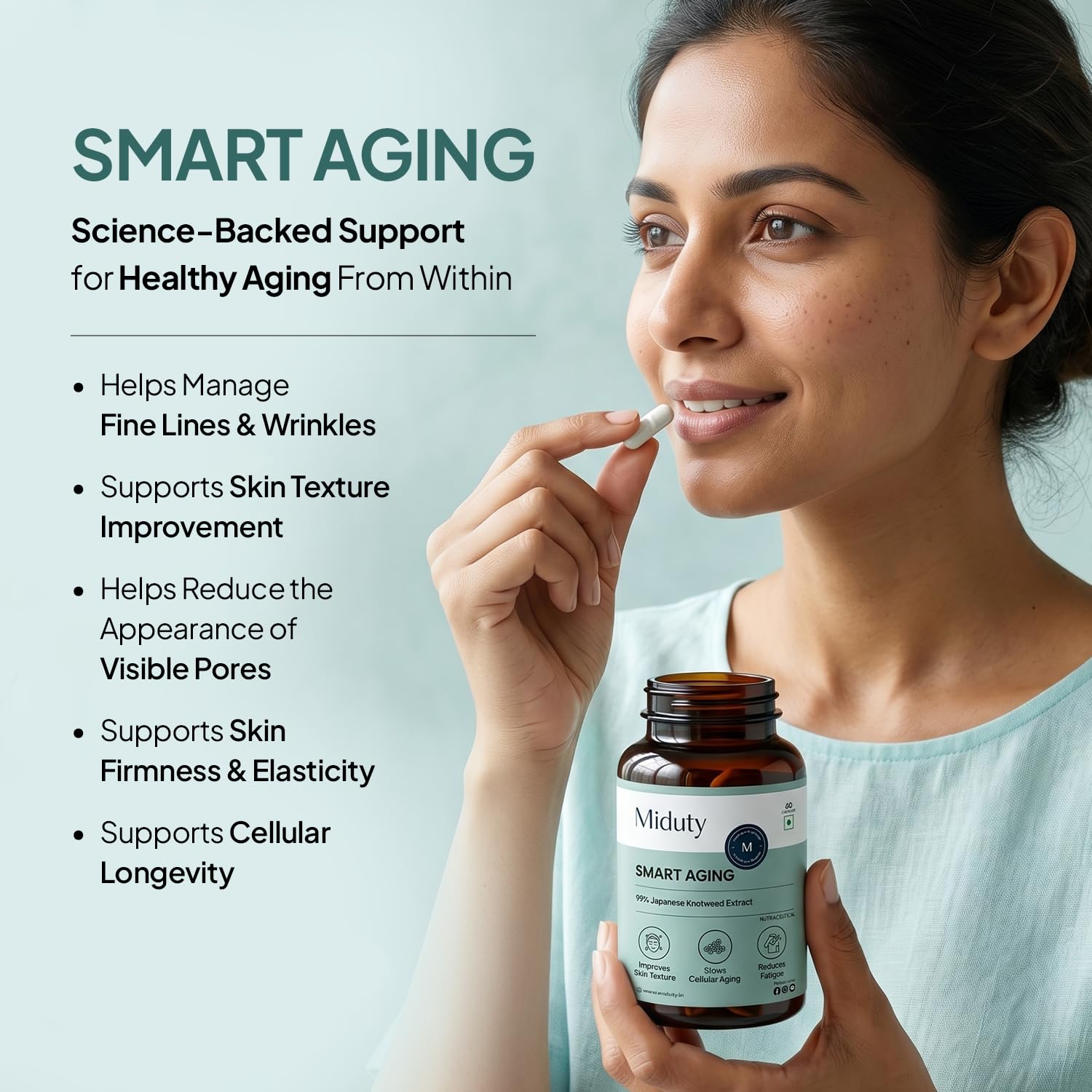 Miduty Smart Aging Trans-Resveratrol 99% Supplement, 60 Veg Capsules with Japanese Knotweed, Green Tea, Pomegranate, Querceti