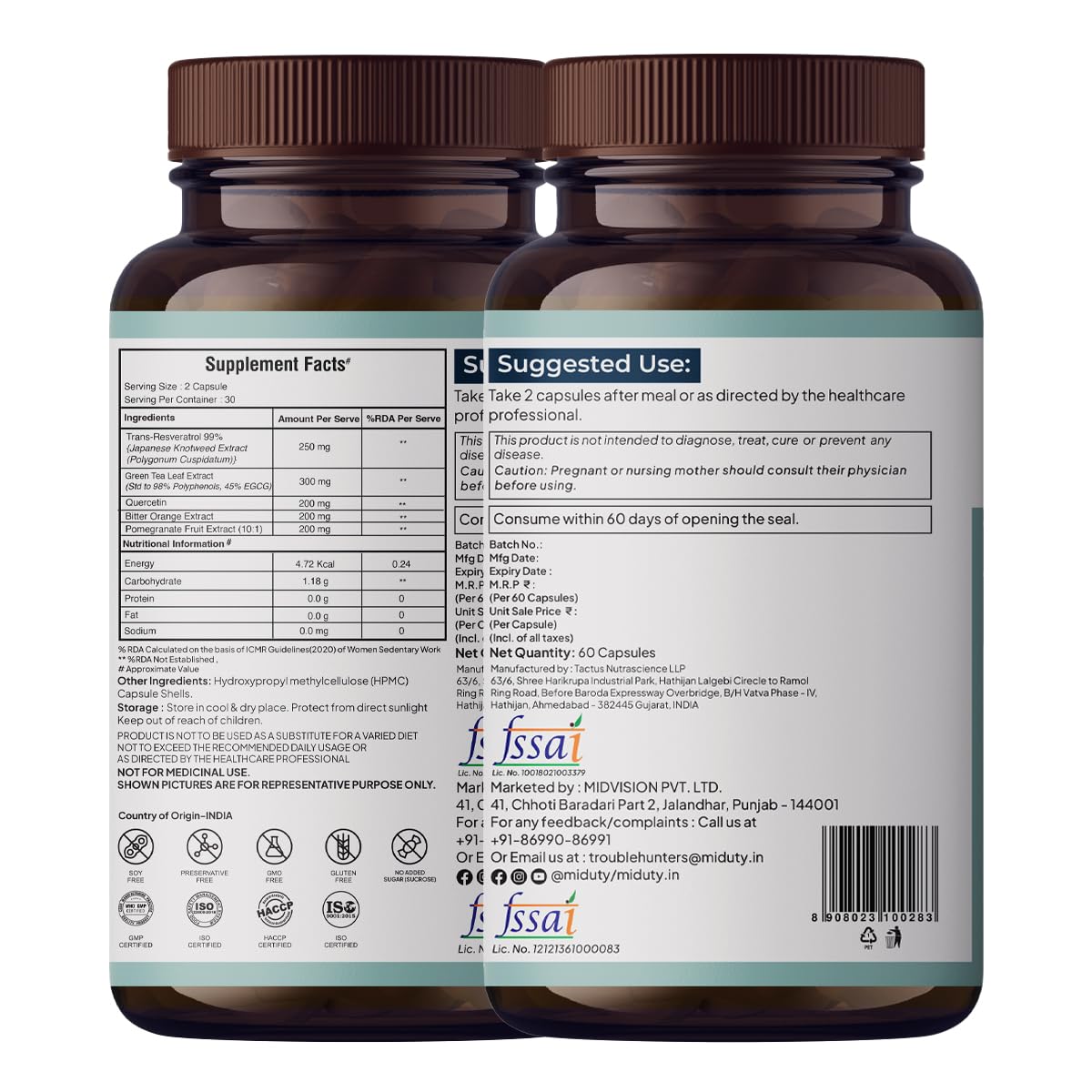 Miduty Smart Aging Trans-Resveratrol 99% Supplement, 60 Veg Capsules with Japanese Knotweed, Green Tea, Pomegranate, Querceti