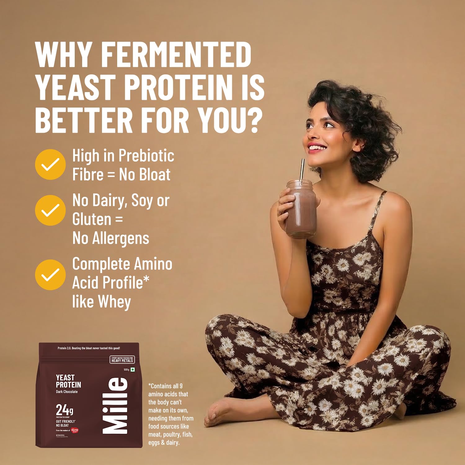 Millé: A Supergrain Co. Dark Chocolate Fermented Yeast Plant Protein Powder, Vegan, Dairy-Free, Soy-Free, Gluten-Free, Monk F